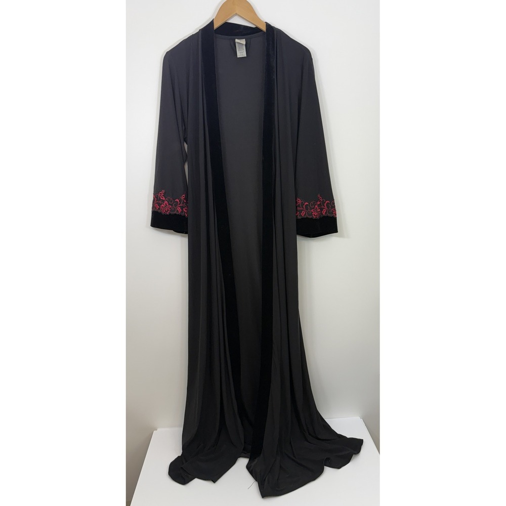 In Bloom by Jonquil Black Maxi Robe XL Velvet Trim Red Floral Embroidered Cuffs